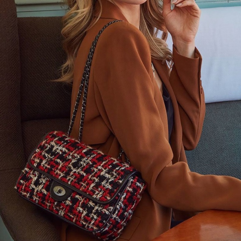 NWT PATRICIA NASH lorenza shoulder red & black tweed flap bag